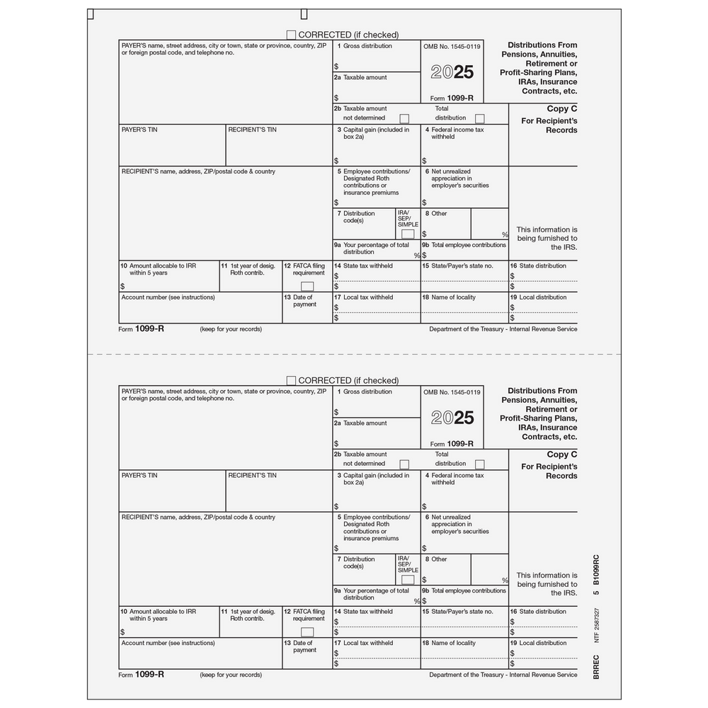 Form 1099-R Distributions from Pensions, etc. - Copy C Recipient - 25 Qty