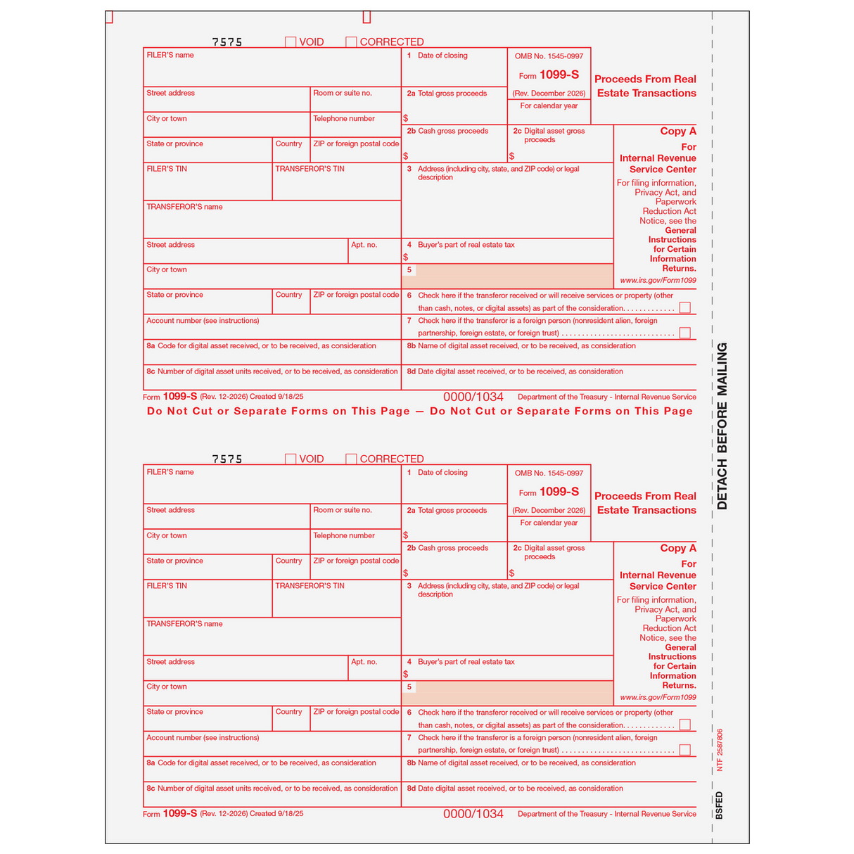 2026 1099-S Federal Copy A Forms