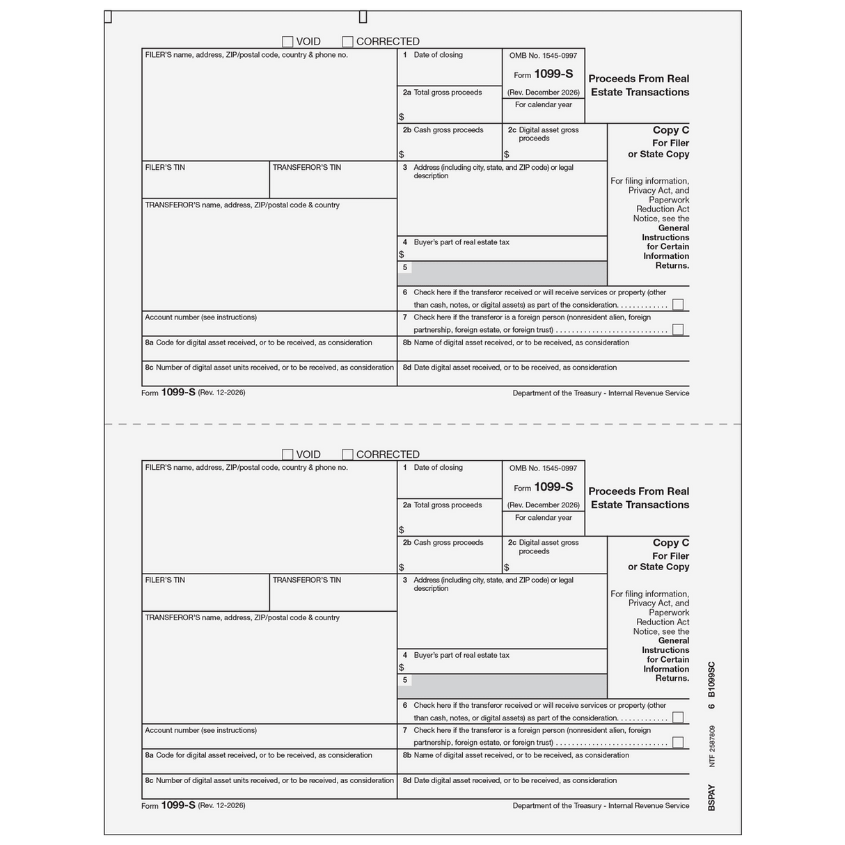 2026 1099-S Filer or State Copy C Forms