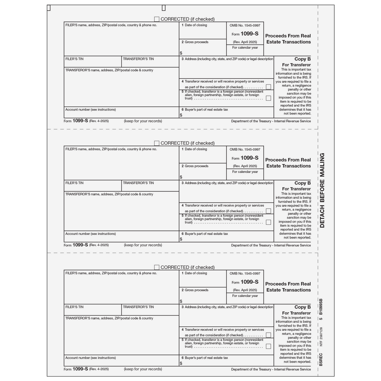 Form 1099-S - Proceeds From Real Estate Transactions - Copy B Transferor - 25 Qty