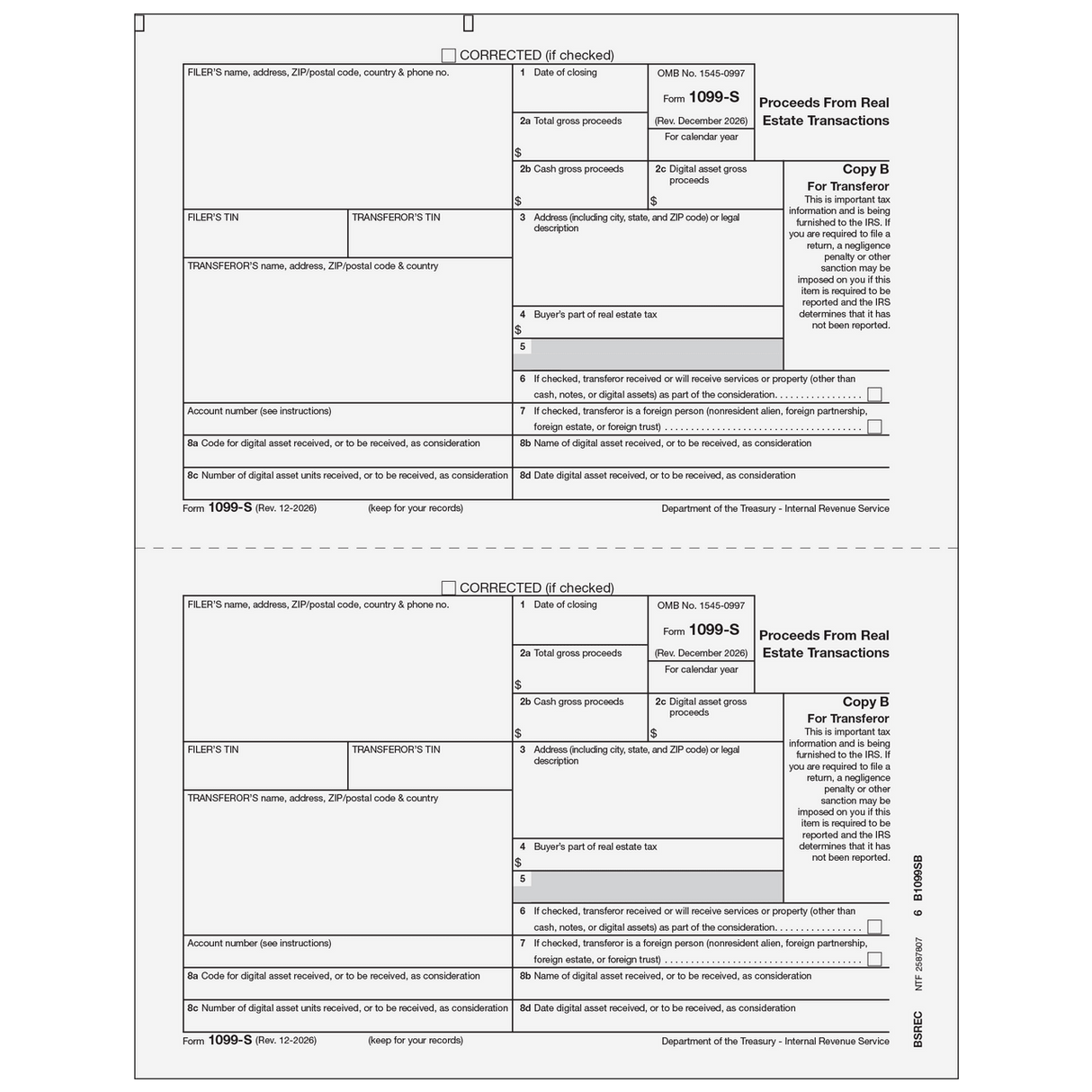 2026 1099-S Transferor Copy B Forms
