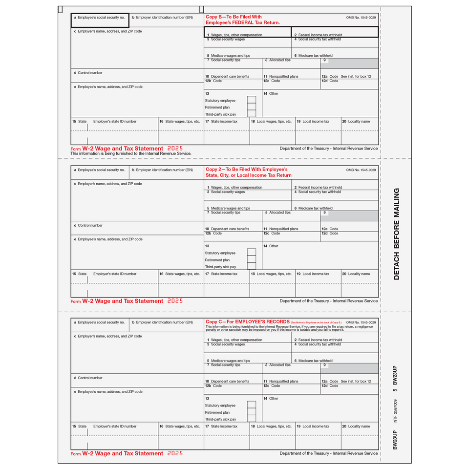 Condensed W-2 Employee Copies B/2/C - 3up - 25 Qty