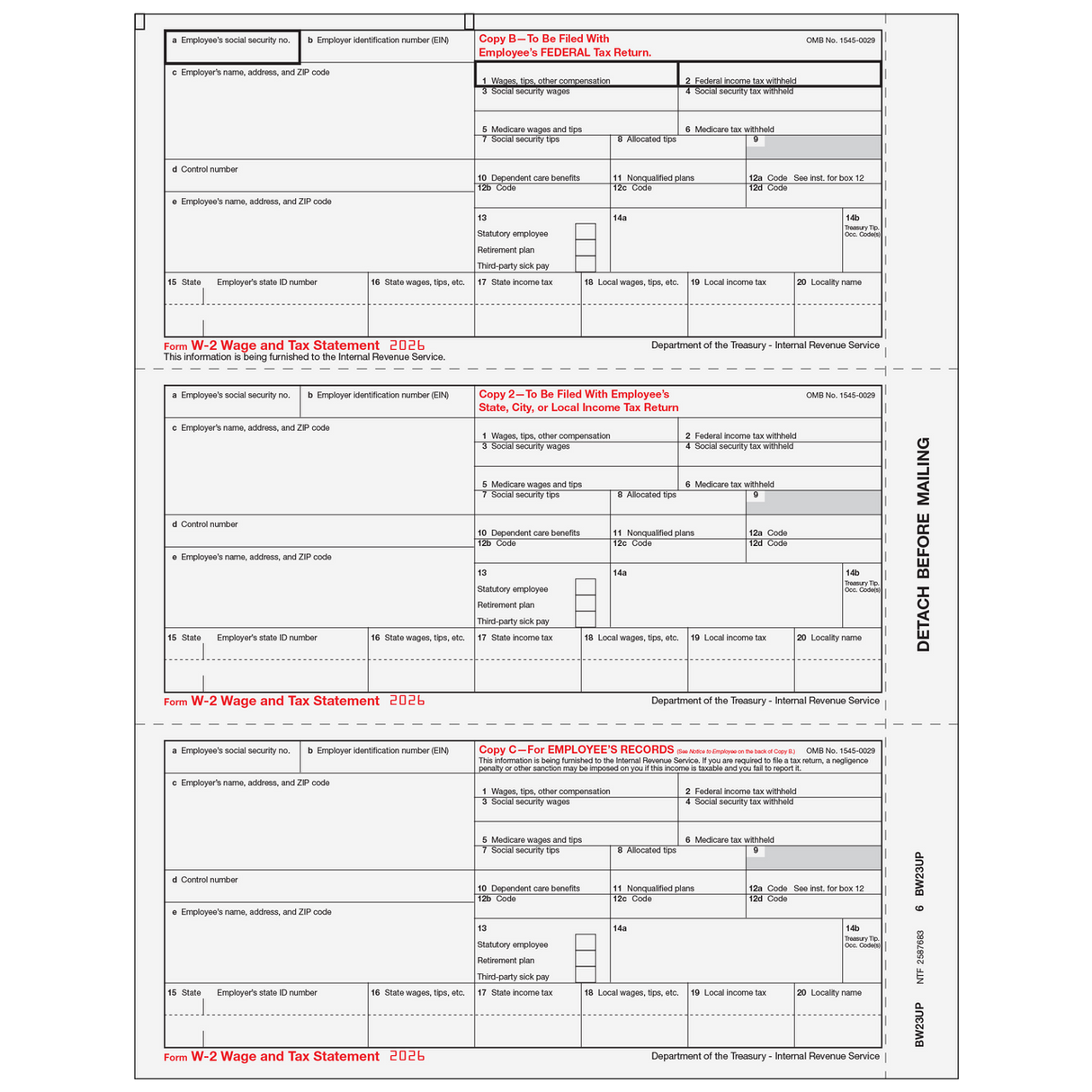 2026 W-2 Employee 3-Up Copies B/2/C Preprinted Laser Forms