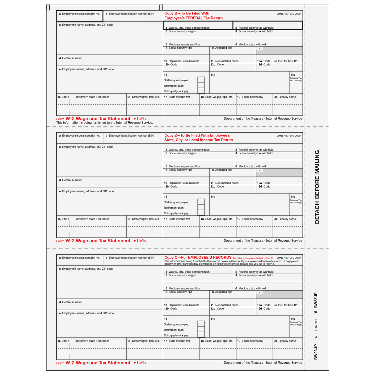 2026 W-2 Employee 3-Up Copies B/2/C Preprinted Laser Forms