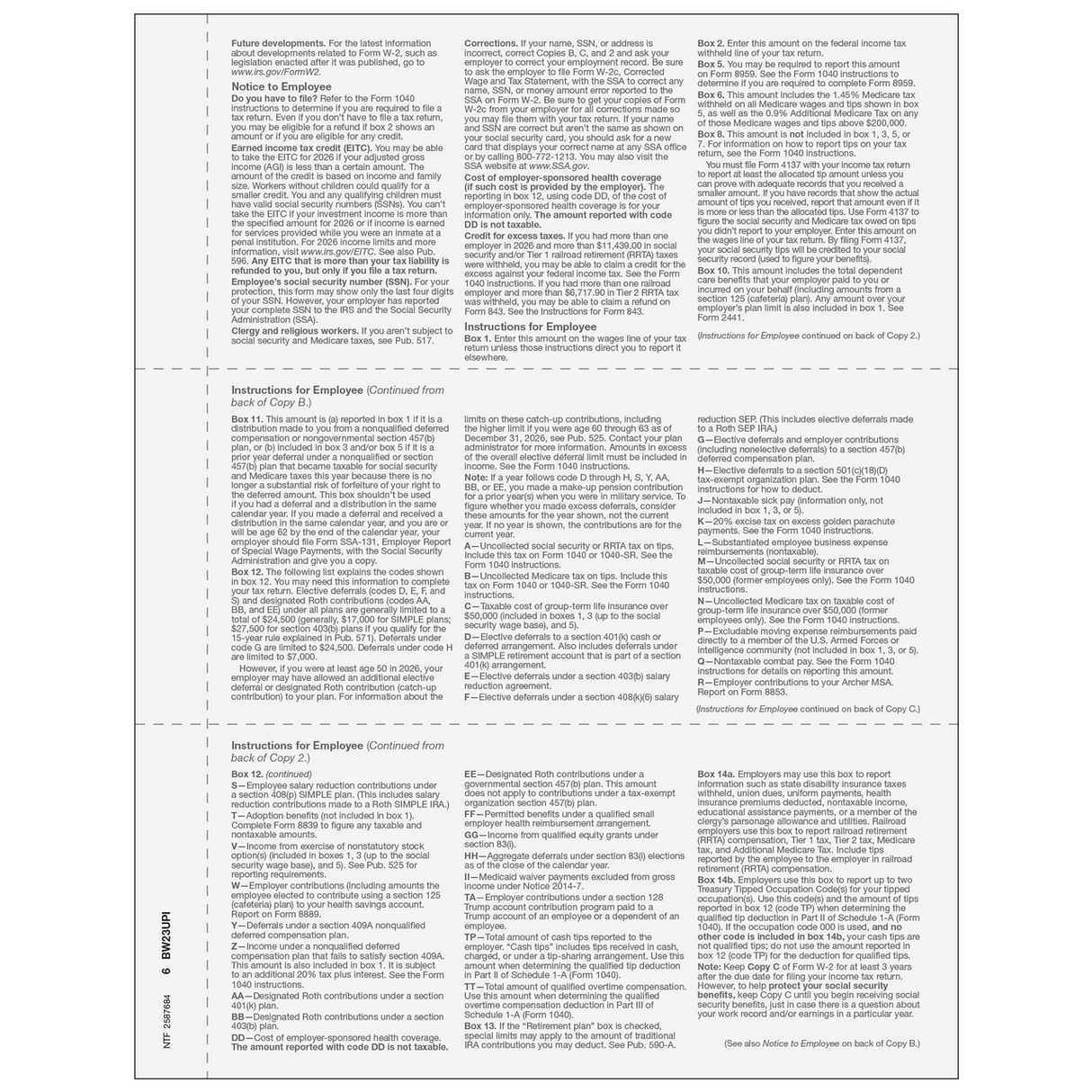 2026 W-2 Employee 3-Up Copies B/2/C Preprinted Laser Forms