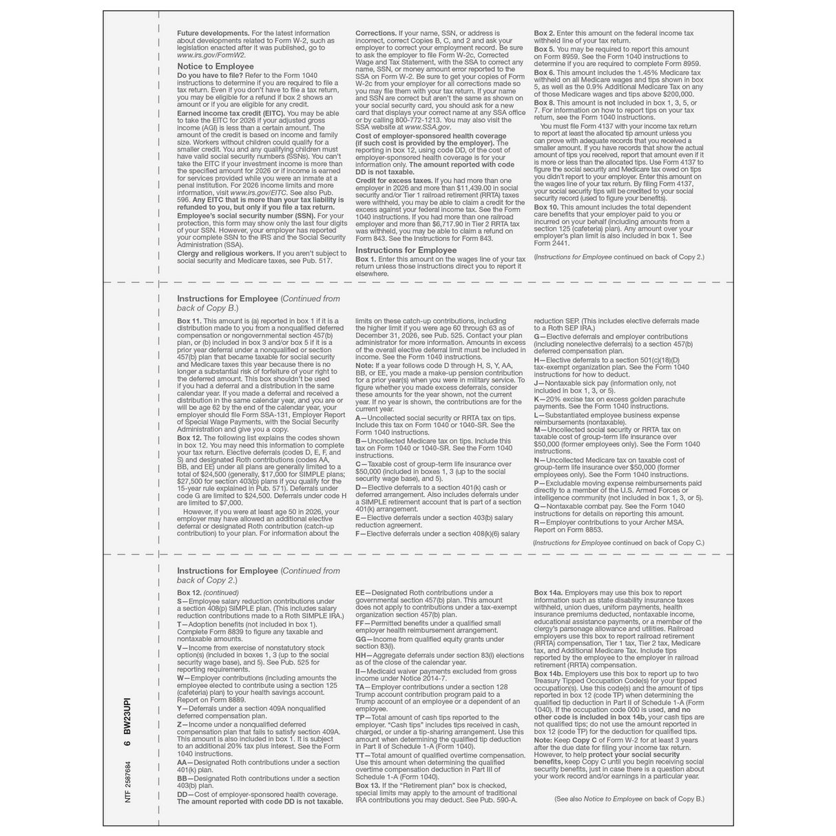 2026 W-2 Employee 3-Up Copies B/2/C Preprinted Laser Forms – Back View