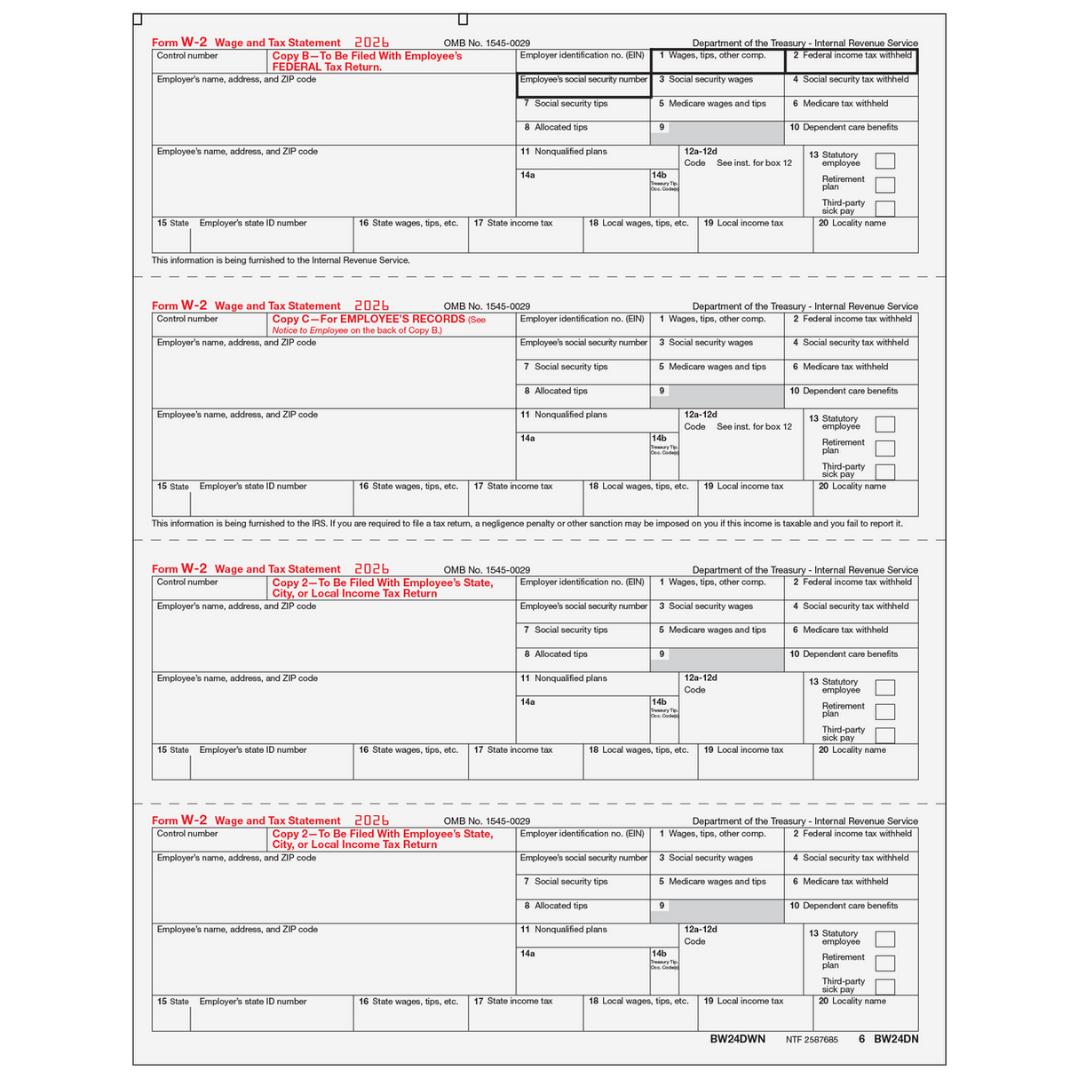 2026 W-2 Employee 4-Up Horizontal Copies B/C/2/2 Preprinted Laser Forms - 4DOWNENV05