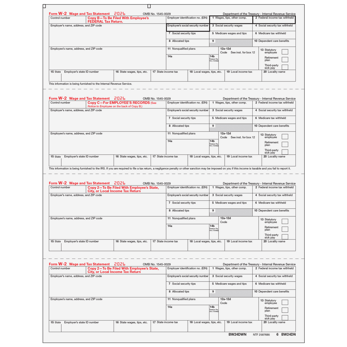 2026 W-2 Employee 4-Up Horizontal Copies B/C/2/2 Preprinted Laser Forms - 4DOWNENV05