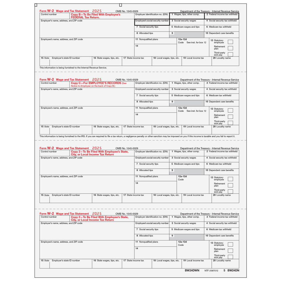 W-2 Employee Copies B/C/2/2 - 4up Horizontal - 25 Qty