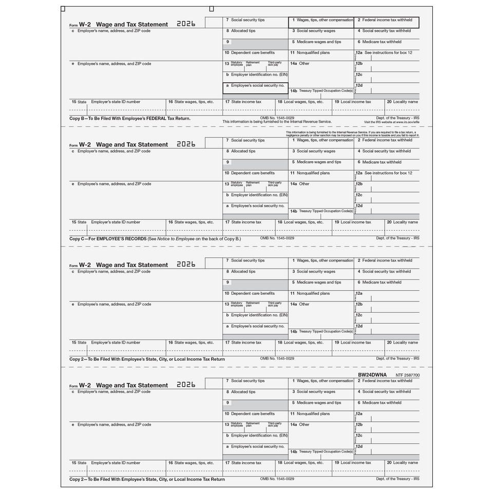 2026 W-2 4-Up Horizontal Double Window Envelope for BW24DWNA - Moisture Seal
