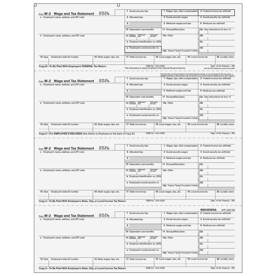 2026 W-2 4-Up Horizontal Double Window Envelope for BW24DWNA - Moisture Seal