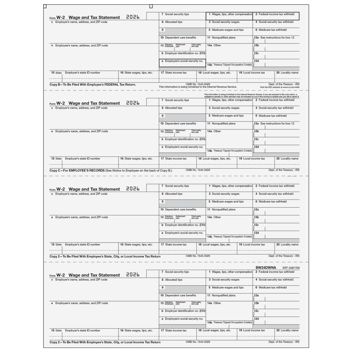2026 W-2 Employee 4-Up Horizontal Copies B/C/2/2 Preprinted Laser Forms