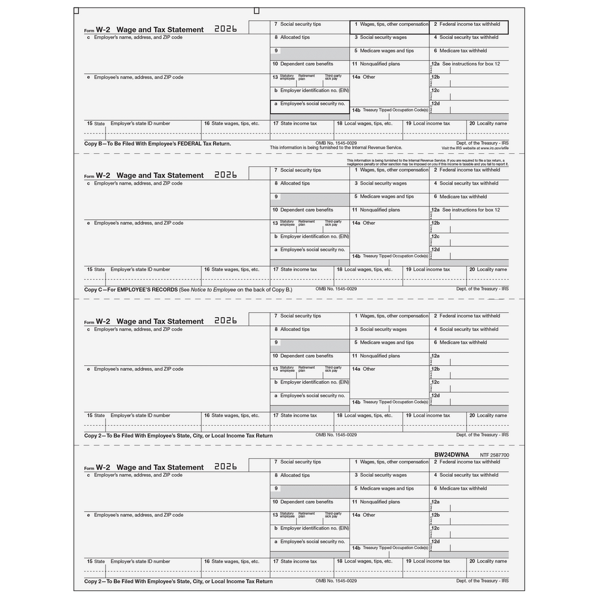 2026 W-2 Employee 4-Up Horizontal Copies B/C/2/2 Preprinted Laser Forms