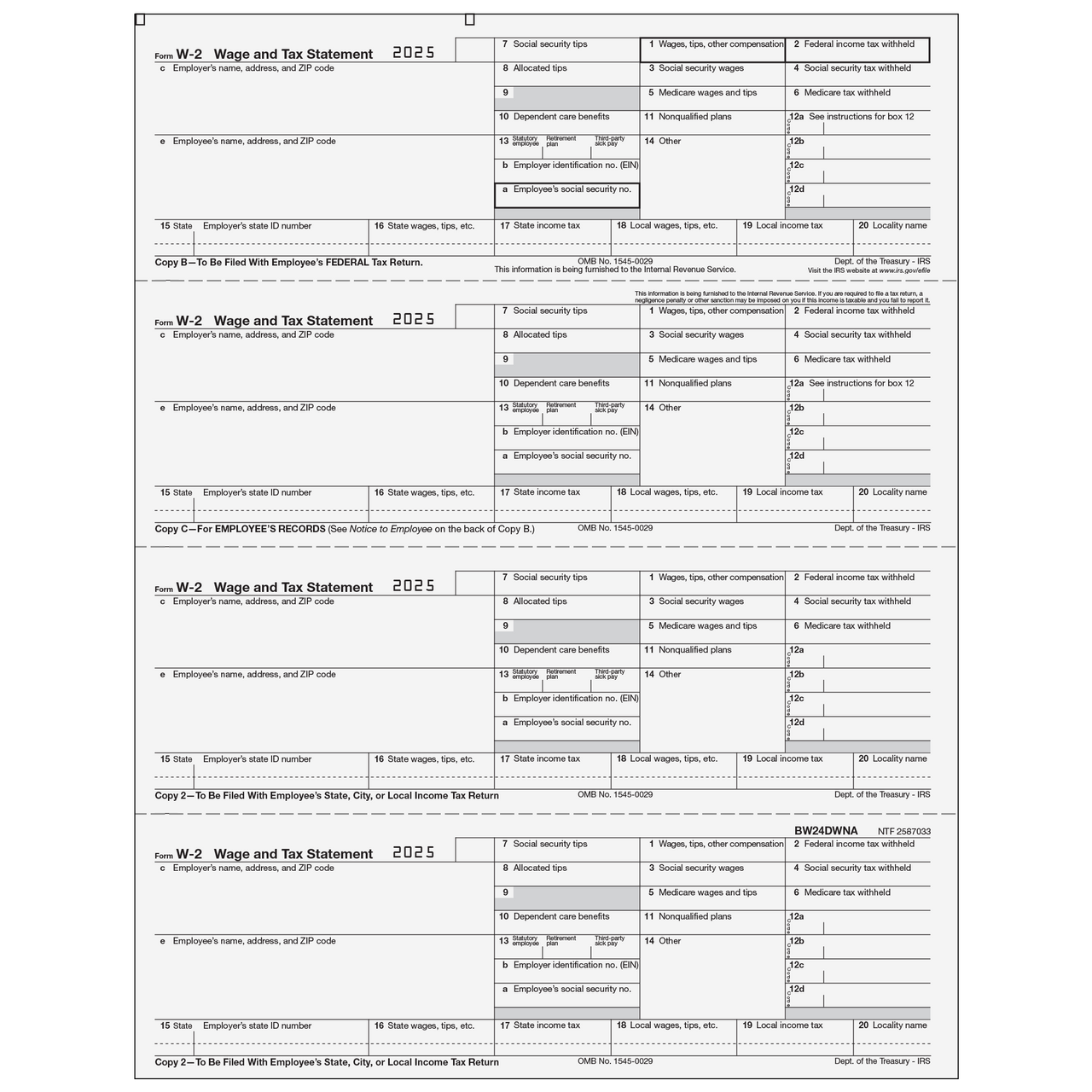 W-2 Employee Copies B/C/2/2 - 4up Horizontal - 25 Qty