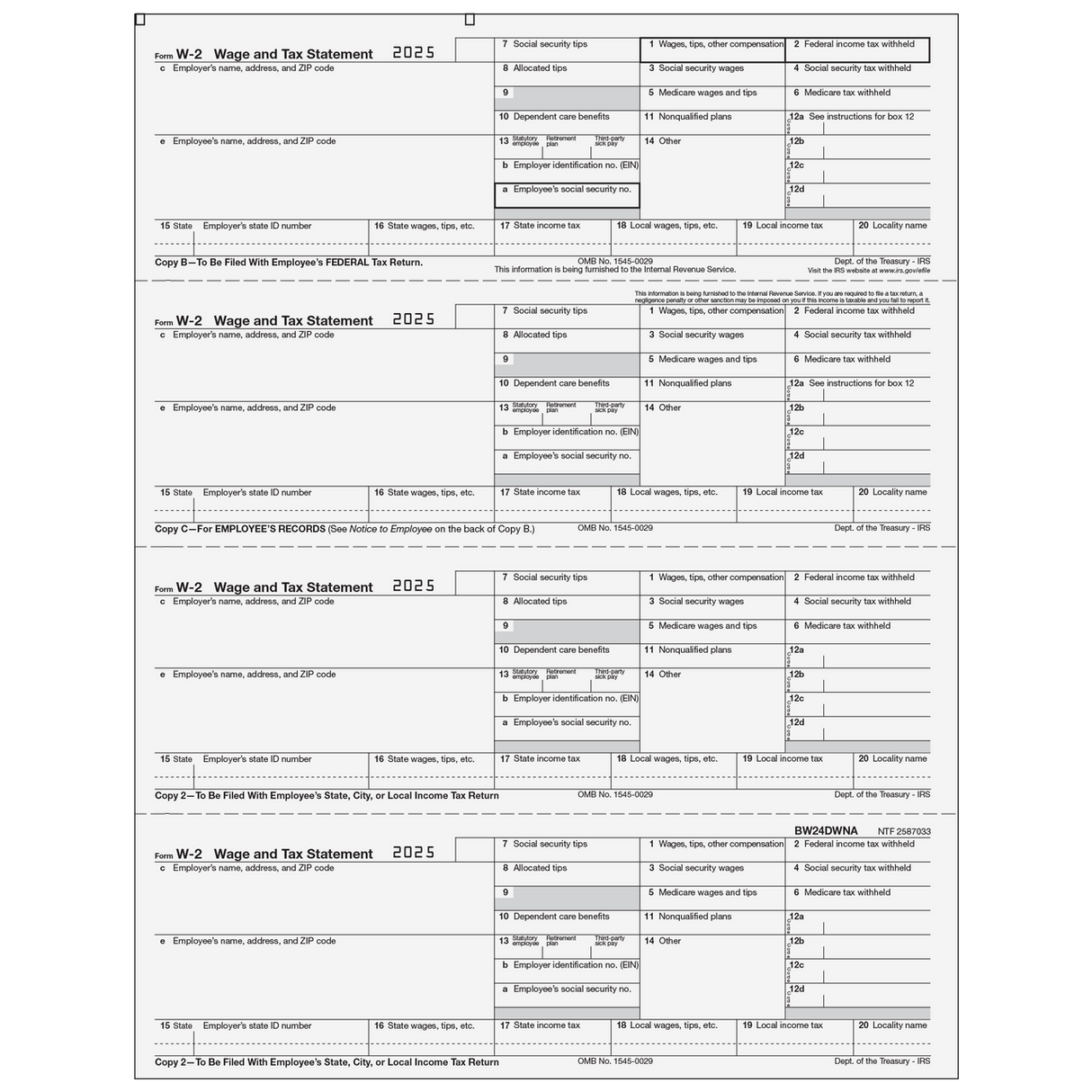 W-2 Employee Copies B/C/2/2 - 4up Horizontal - 25 Qty