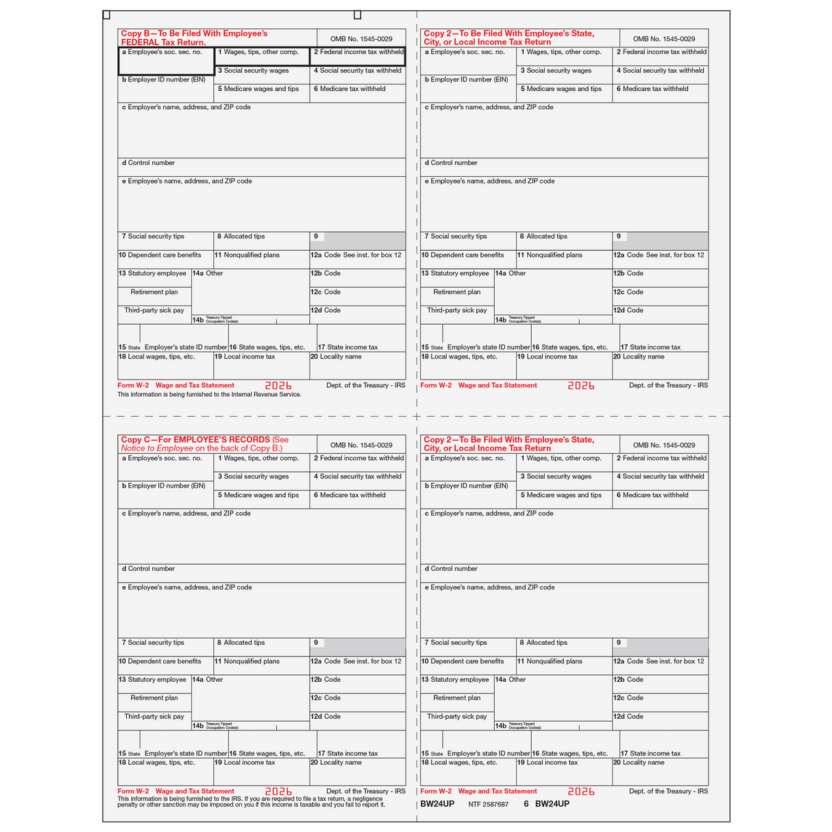 2026 W-2 Employee 4-Up Quadrant Copies B/2/C/2 Preprinted Laser Forms