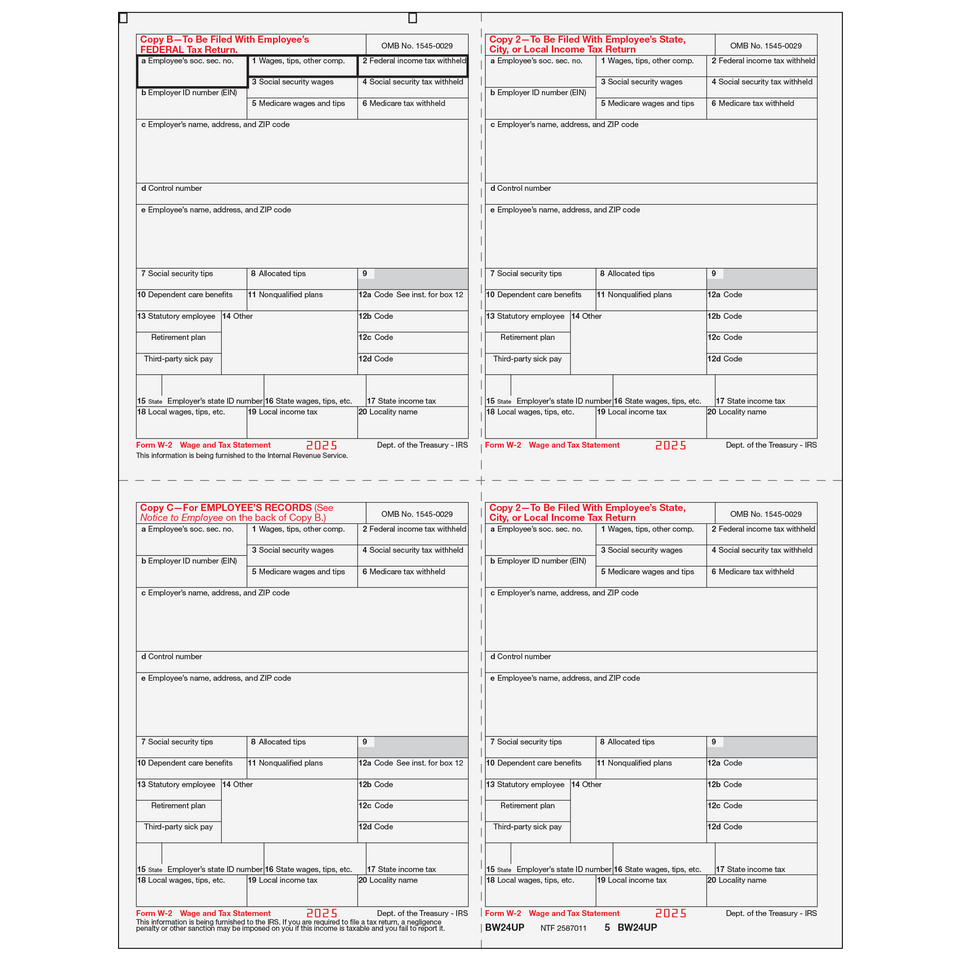 Form W-2 4up Quadrant Condensed Copies: B/2/C/2 - 25 Qty