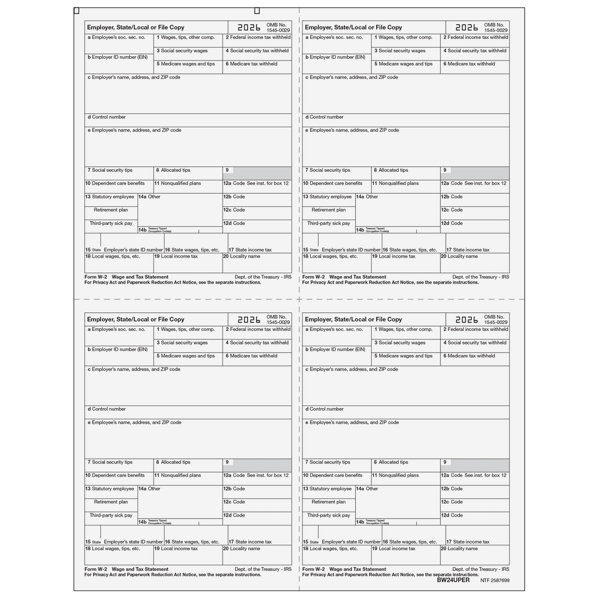 2026 W-2 Employer 4-Up Quadrant State/File Copies Preprinted Laser Forms