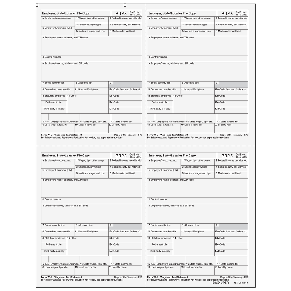 W-2 Employer State, City or Local, Copy 1/D - 4up Quadrants - 25 Qty