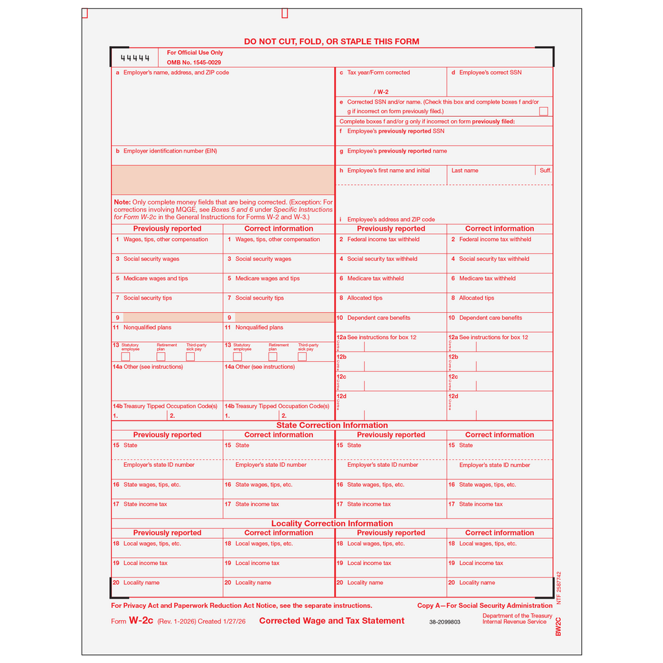 2026 W-2C Employer Federal Copy A Correction Forms