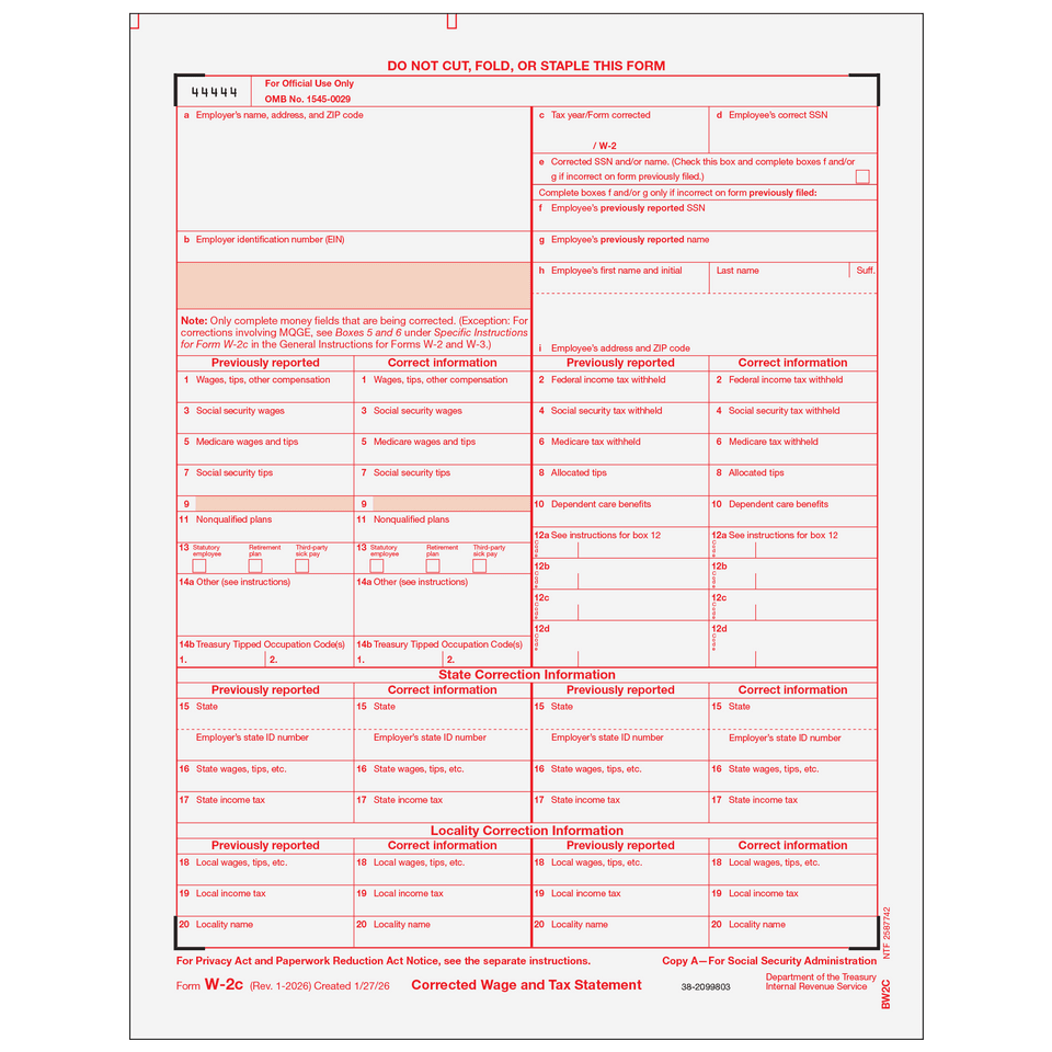 2026 W-2C Employer Federal Copy A Correction Forms