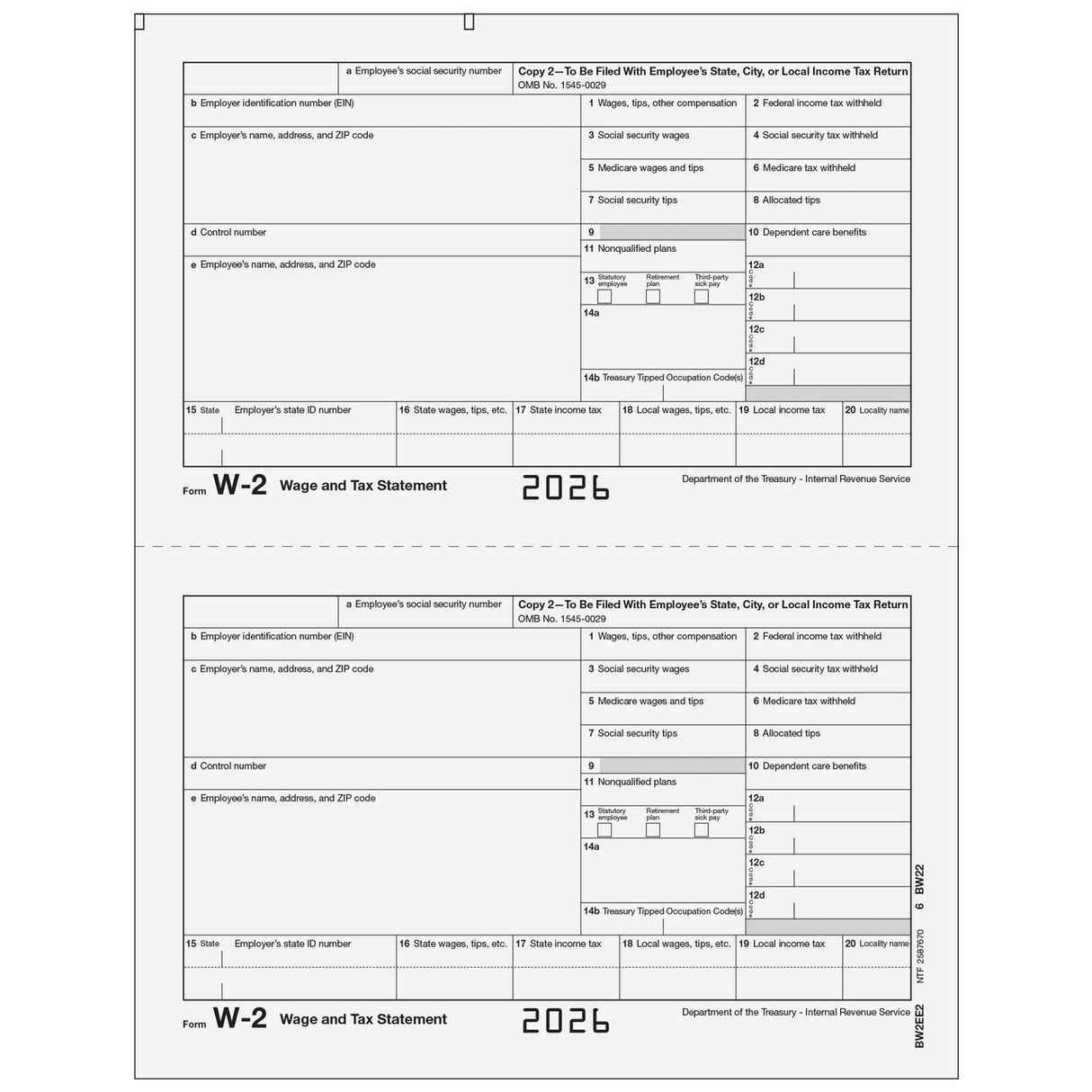 2026 W-2 Employee State/City Copy 2 Preprinted Laser Forms