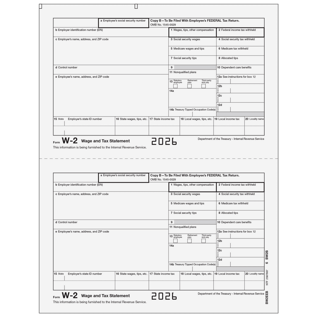 2026 W-2 Employee Federal Copy B Preprinted Laser Forms