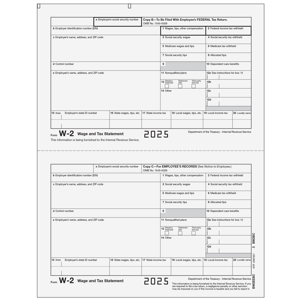 Form W-2 Employee Federal and Record Copies B/C - 25 Qty