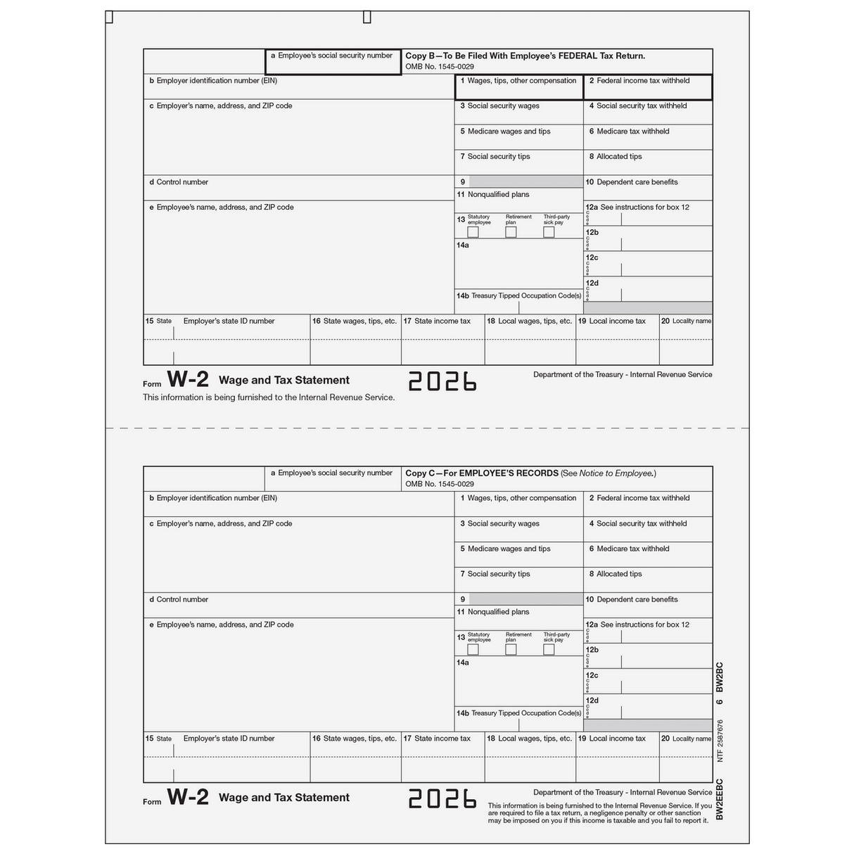 2026 W-2 Employee 2-Up Copies B/C Preprinted Laser Forms
