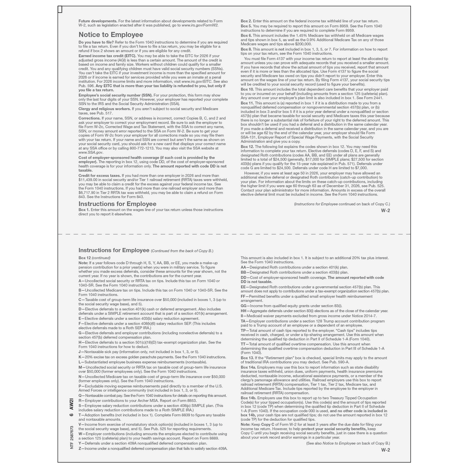 2026 W-2 Employee 2-Up Copies B/C Preprinted Laser Forms – Back View