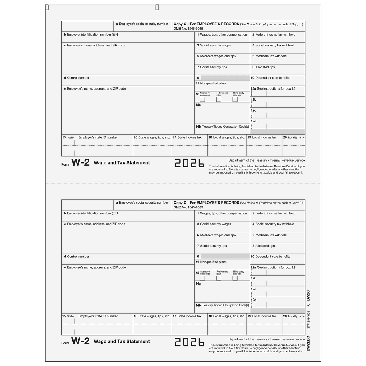 2026 W-2 Employee File Copy C Preprinted Laser Forms