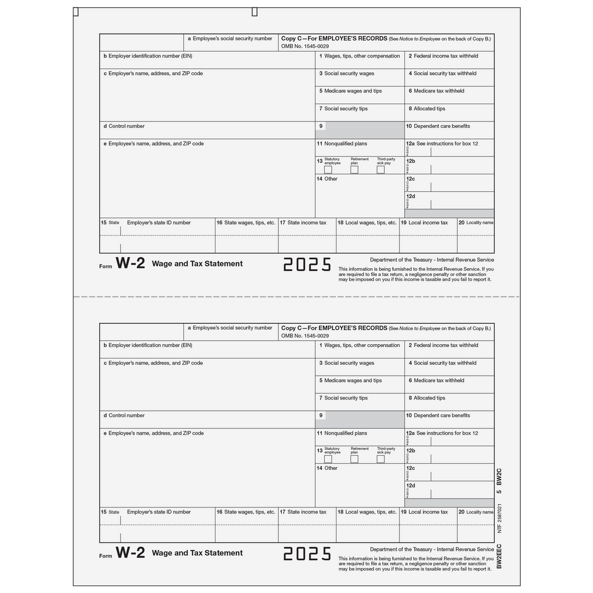 Form W-2 Employee Record, Copy C - 25 Qty