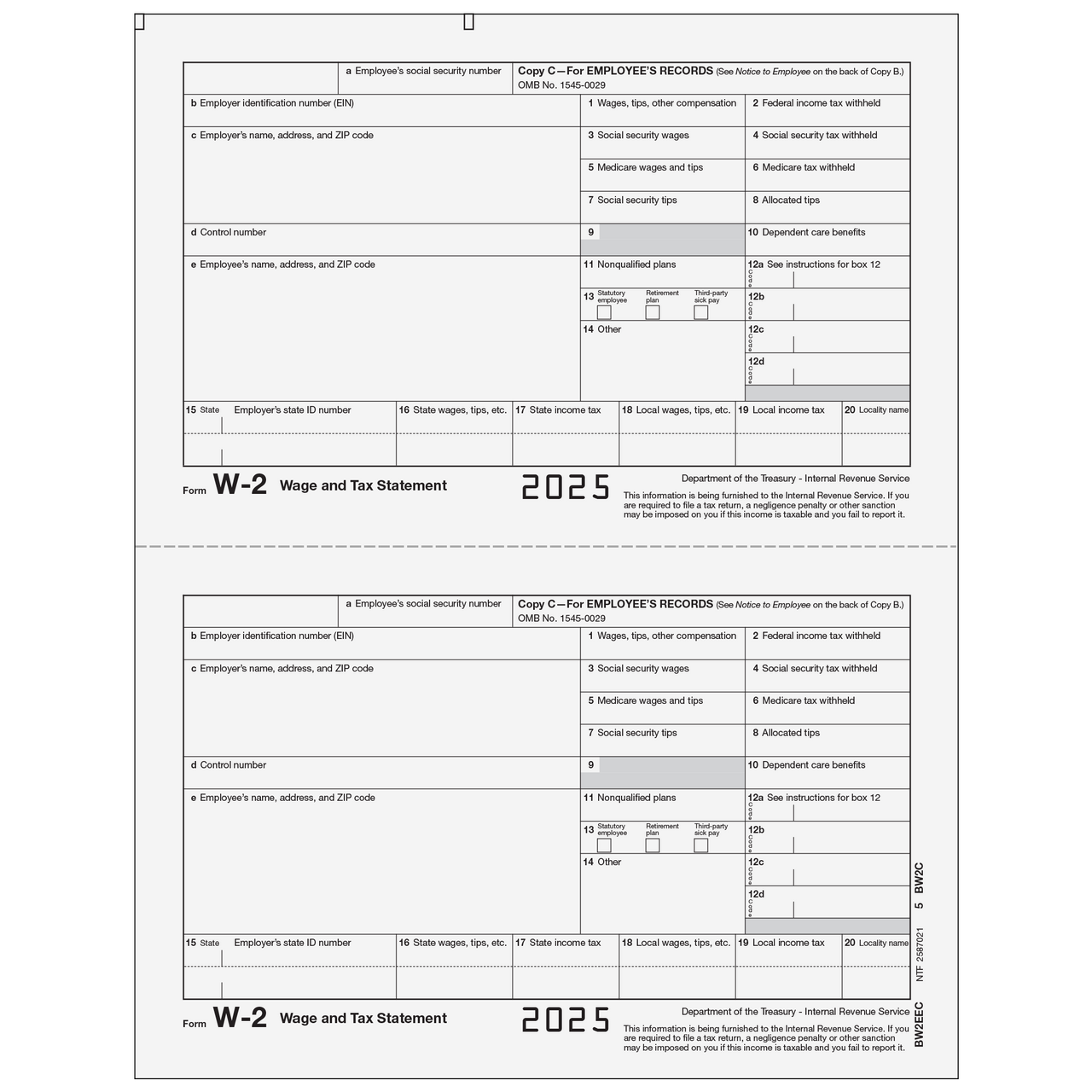 Form W-2 Employee Record, Copy C - 25 Qty