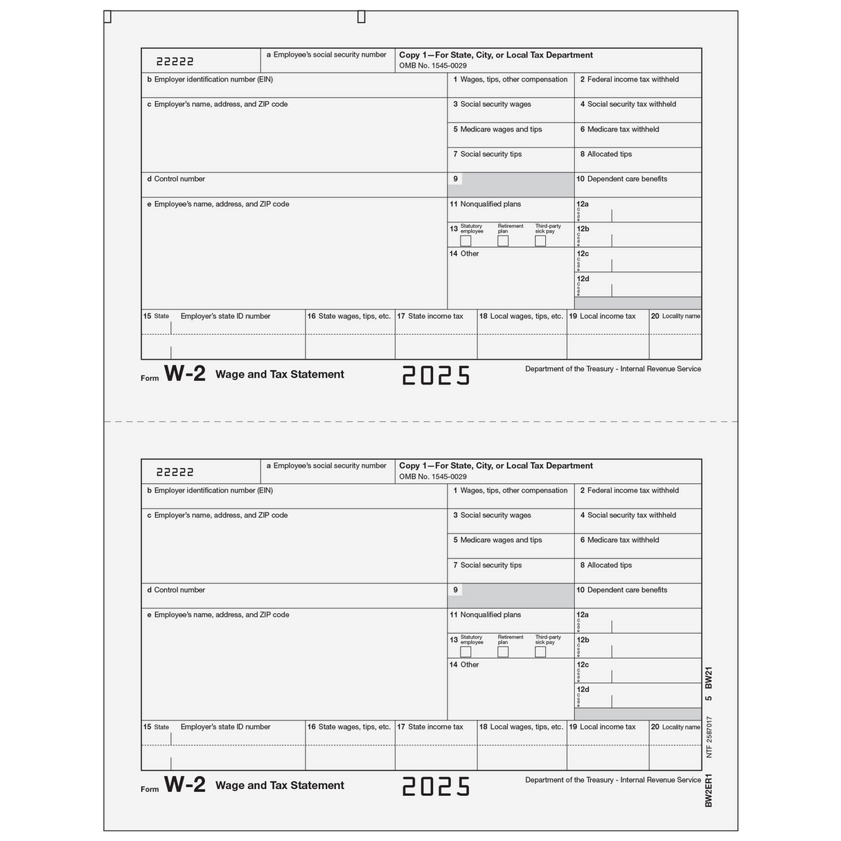 Form W-2 Employer State, City, or Local, Copy 1 - 25 Qty