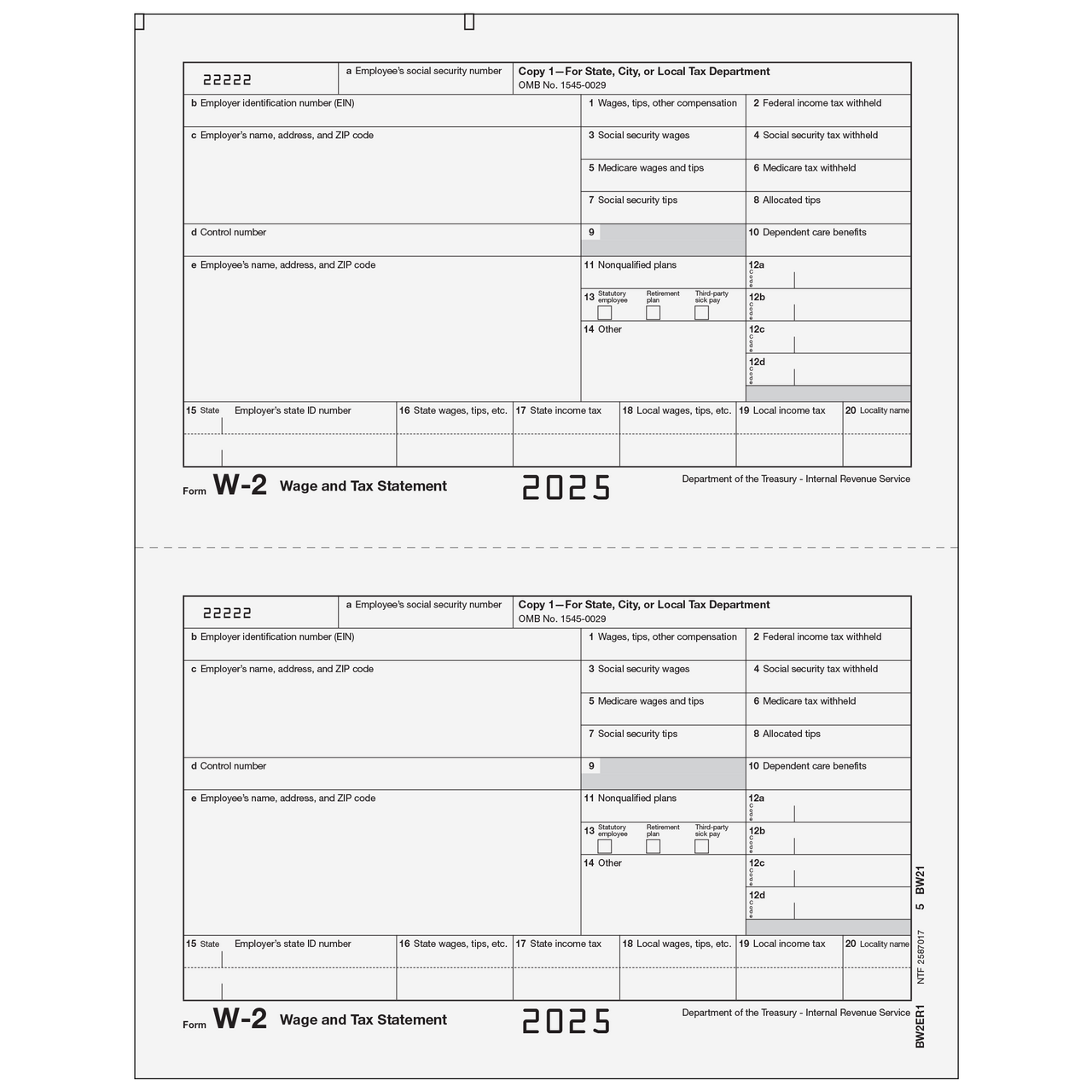 Form W-2 Employer State, City, or Local, Copy 1 - 25 Qty
