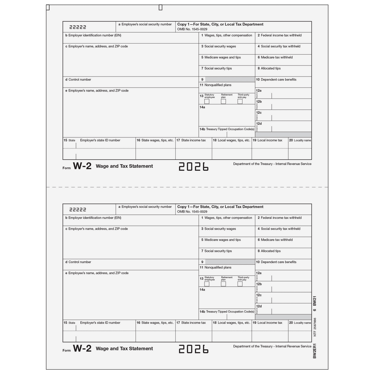 2026 W-2 Employer State/City Copy 1 Preprinted Laser Forms