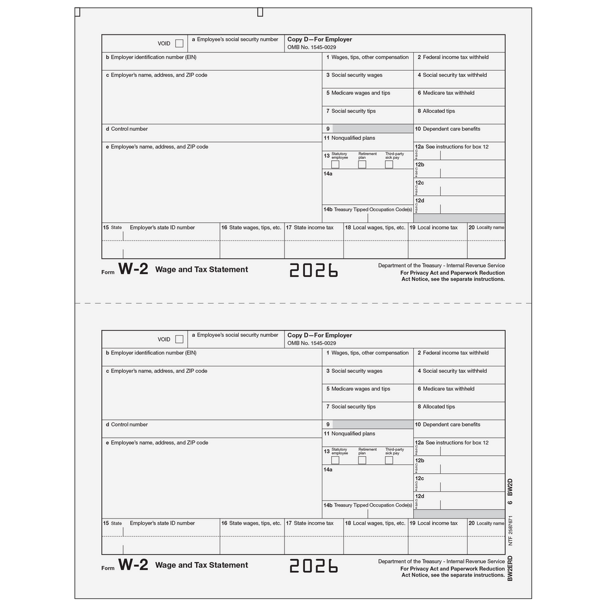 2026 W-2 Employer File Copy D Preprinted Laser Forms