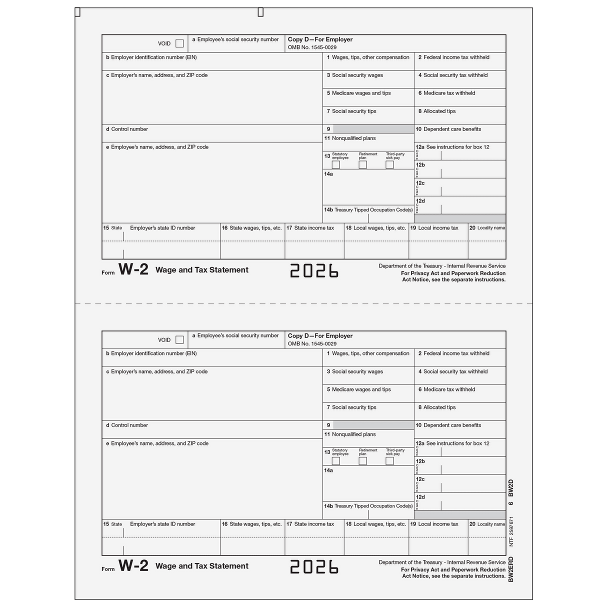 2026 W-2 Employer File Copy D Preprinted Laser Forms
