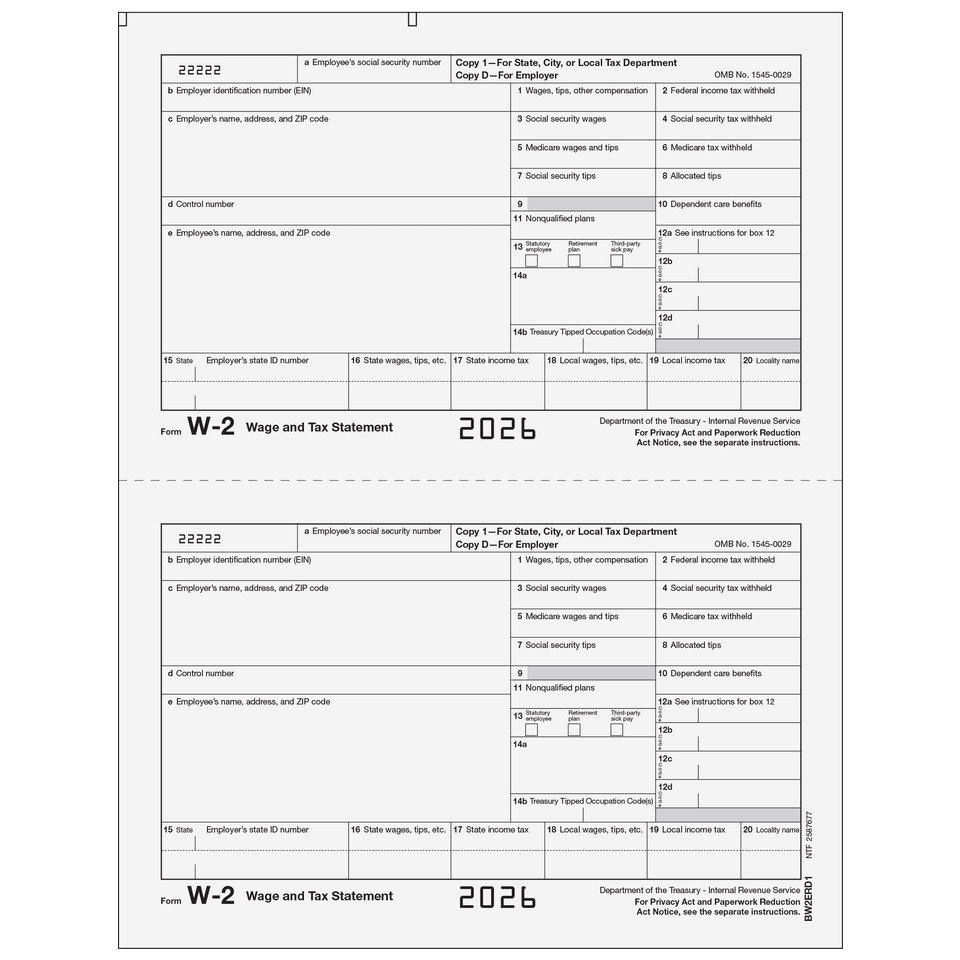 2026 W-2 Employer 2-Up Copies D/1 Preprinted Laser Forms