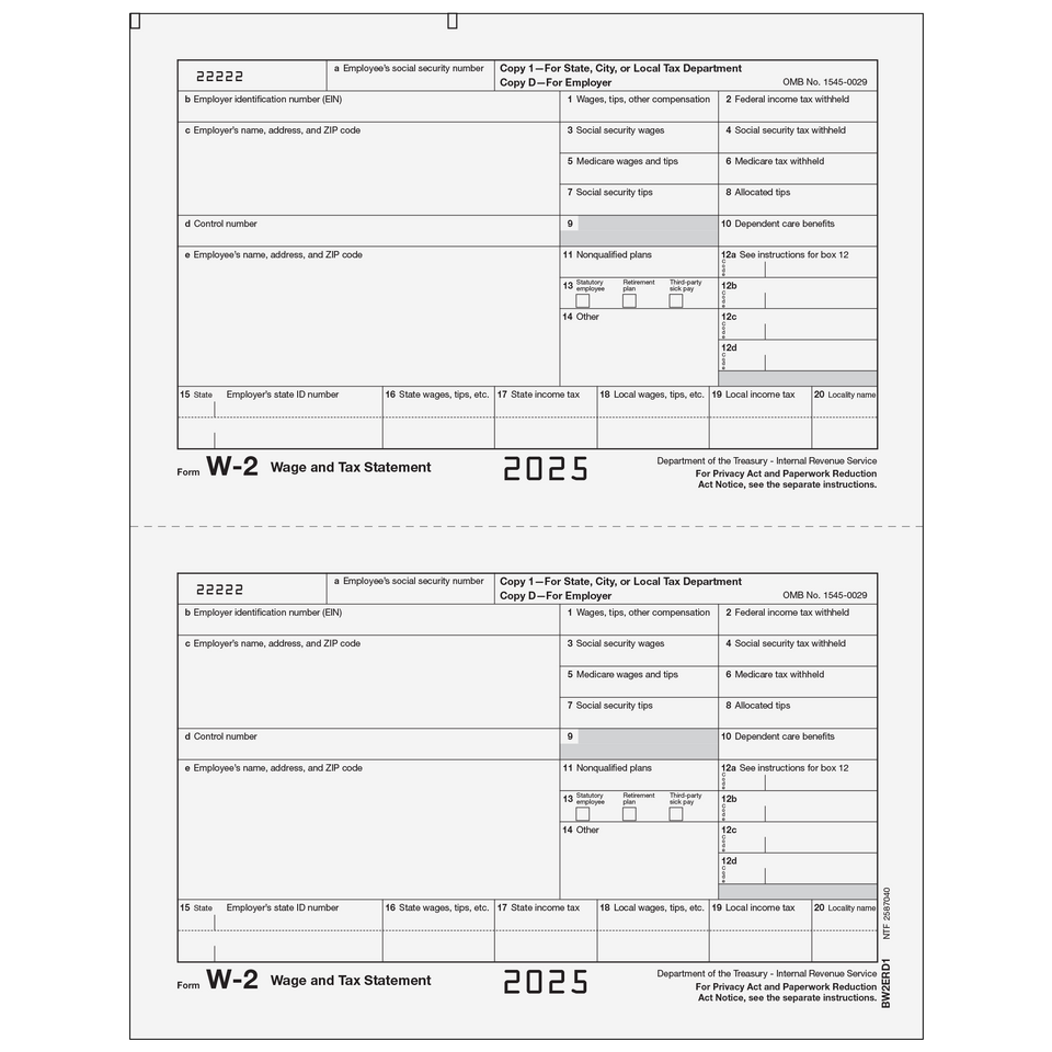 Form W-2 Copy 1/D Employer State, City or Local, and Record Copy - 25 Qty