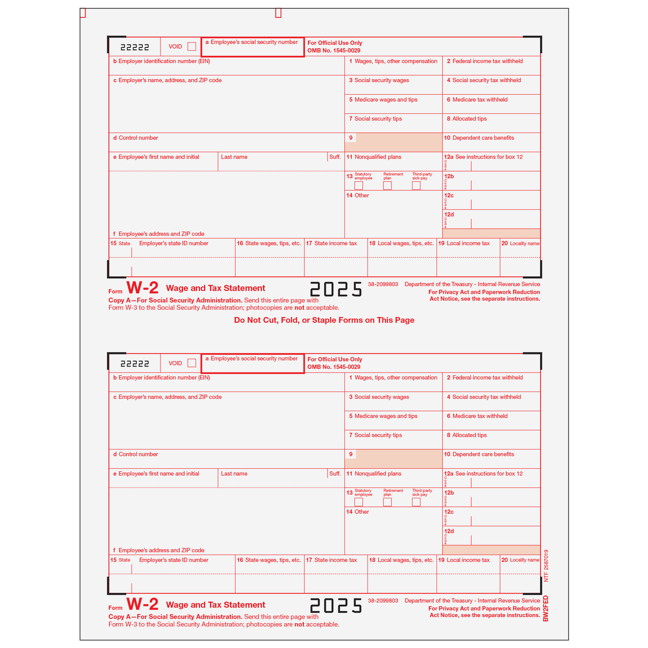 Form W-2 Federal IRS, Copy A - 25 Qty