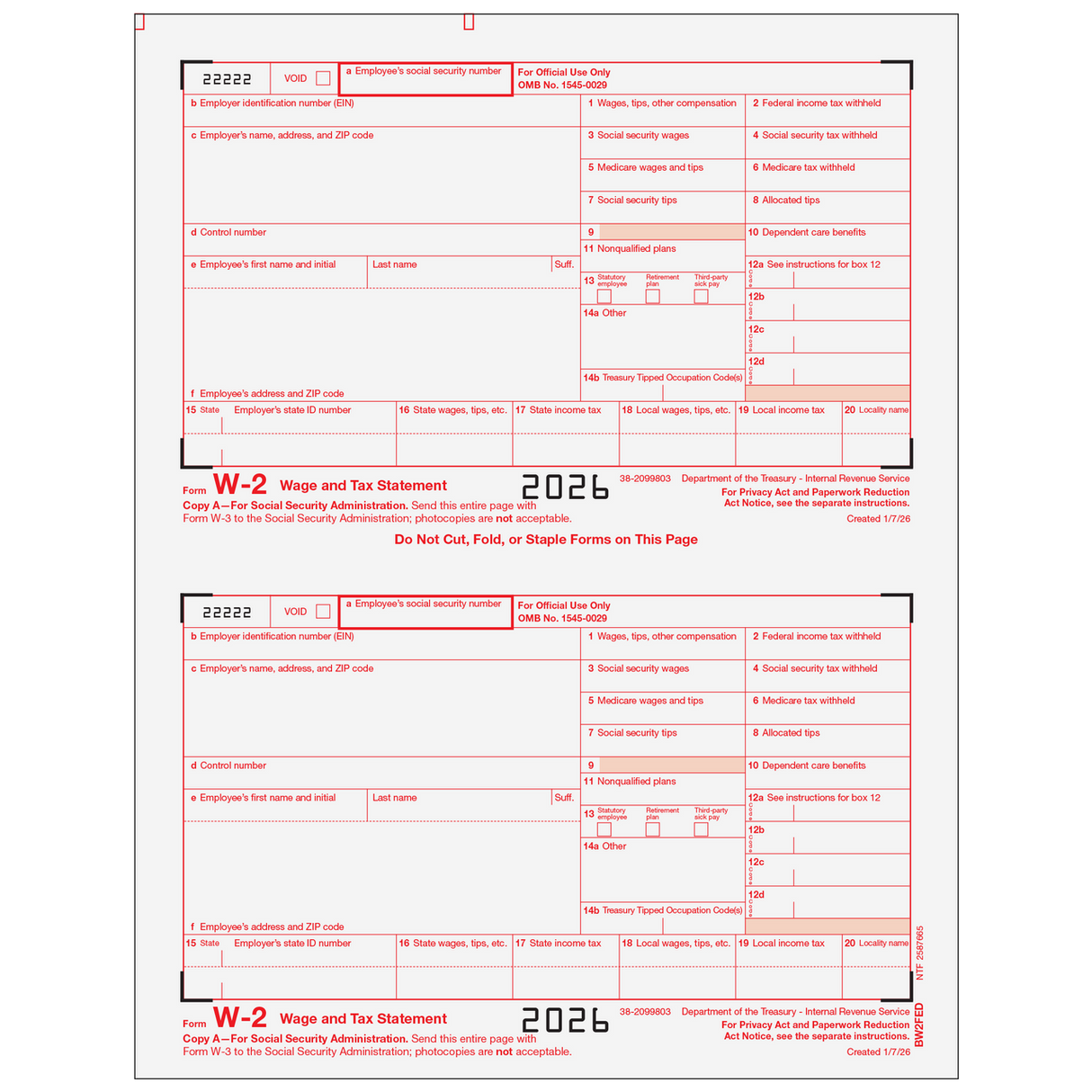 2026 W-2 Employer Federal Copy A Preprinted Laser Forms