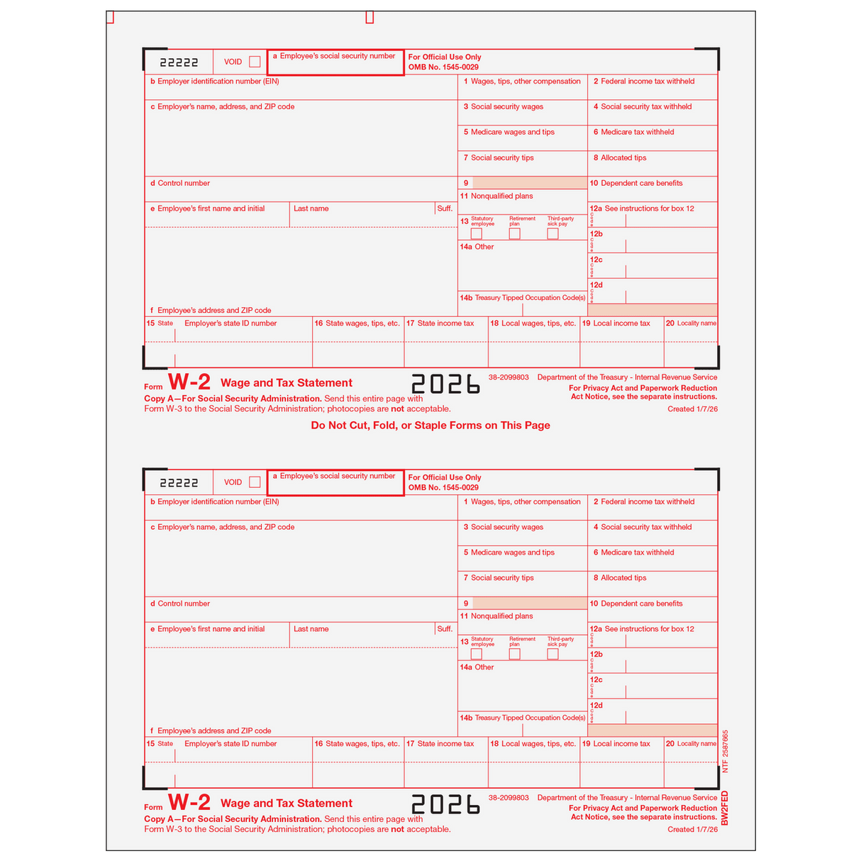2026 W-2 Employer Federal Copy A Preprinted Laser Forms