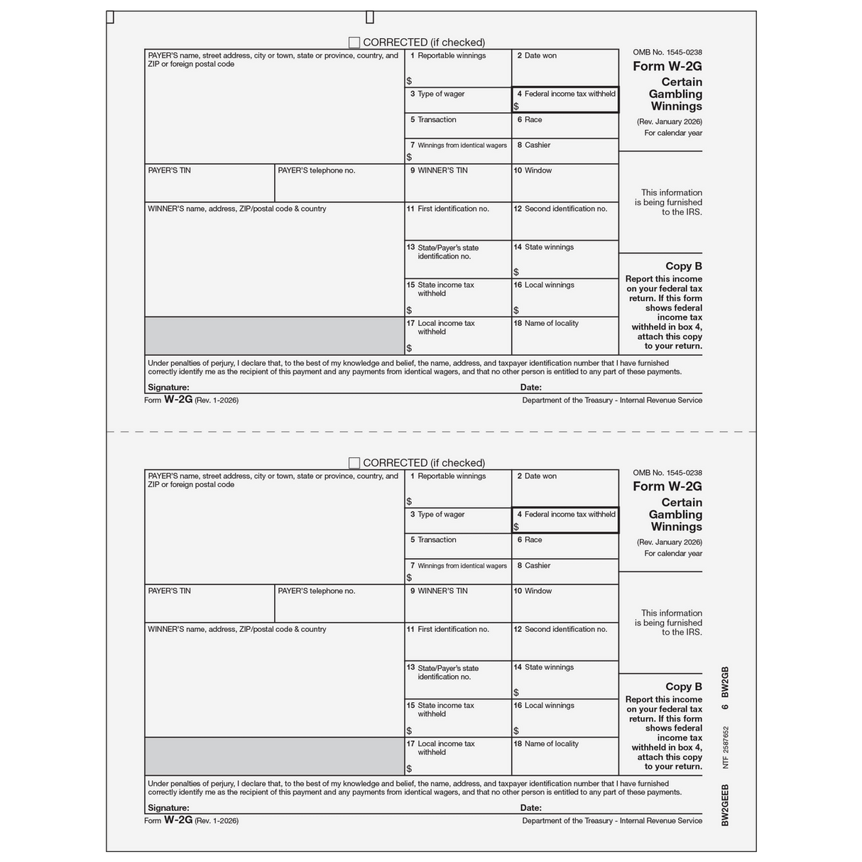 2026 W-2G Winner Federal Copy B Forms
