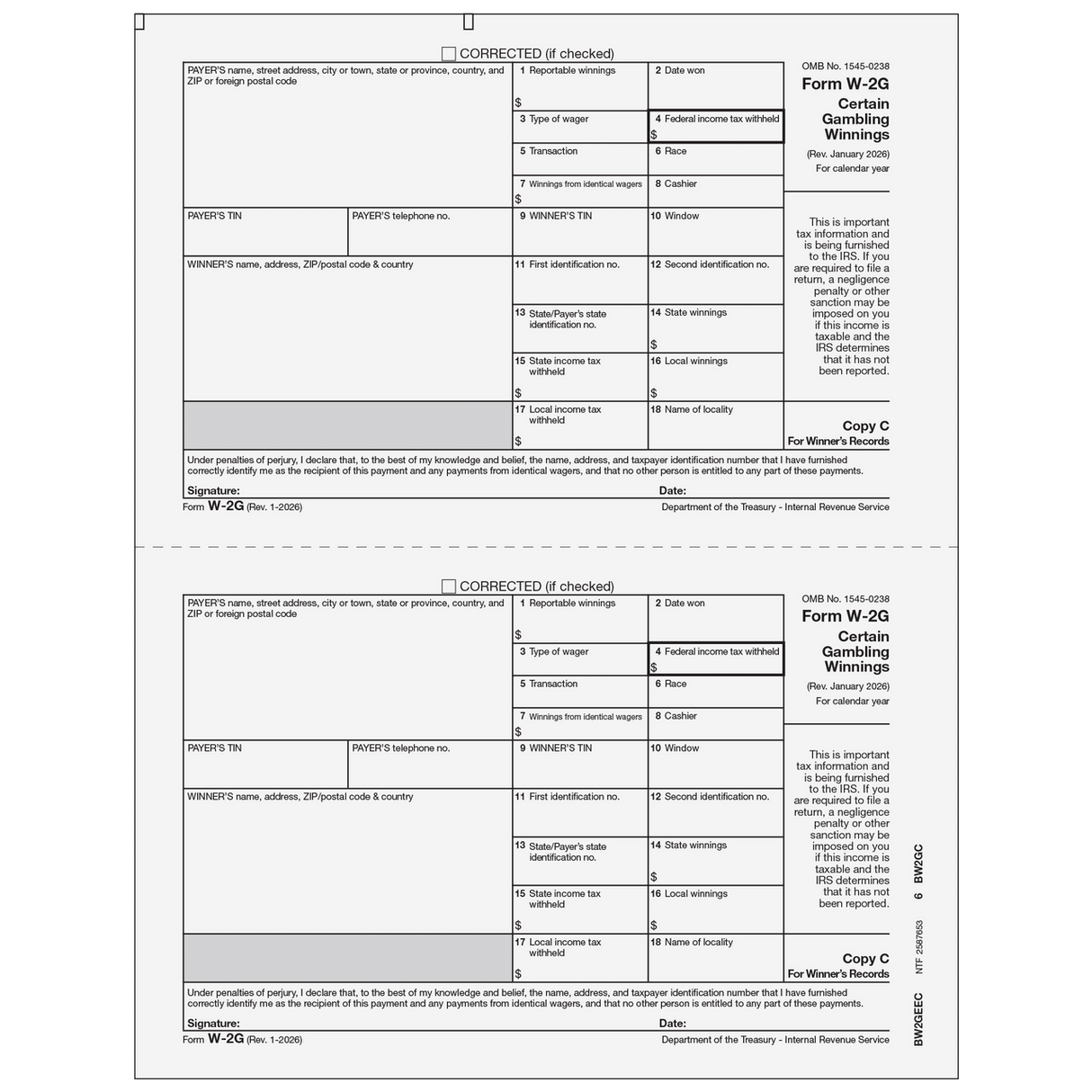 2026 W-2G Winner Record Copy C Forms