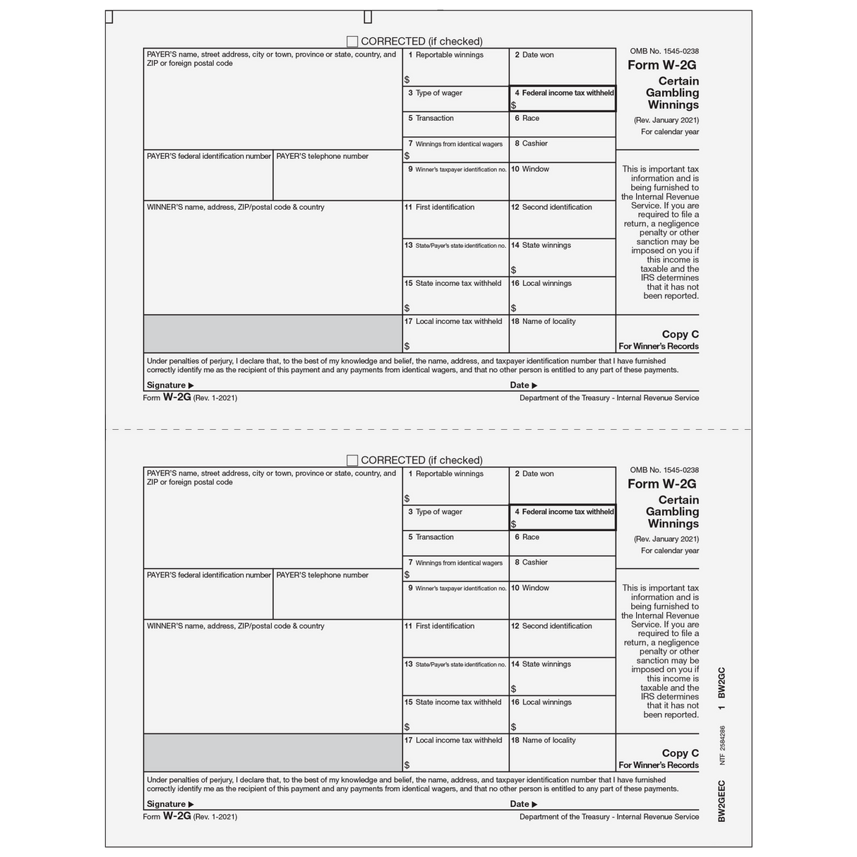 W-2G Certain Gambling Winnings, Winner Record Copy C - 25 Qty