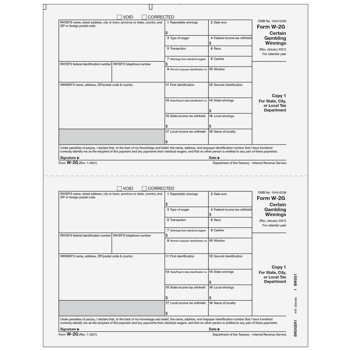 Form W-2G Certain Gambling Winnings, Payer State, City, Local, Copy 1 - 25 Qty