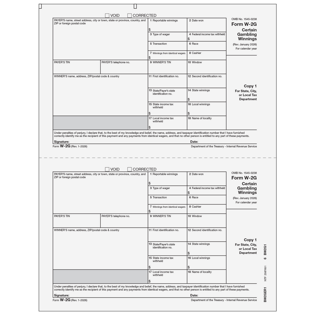 2026 W-2G Payer State Copy 1 Forms