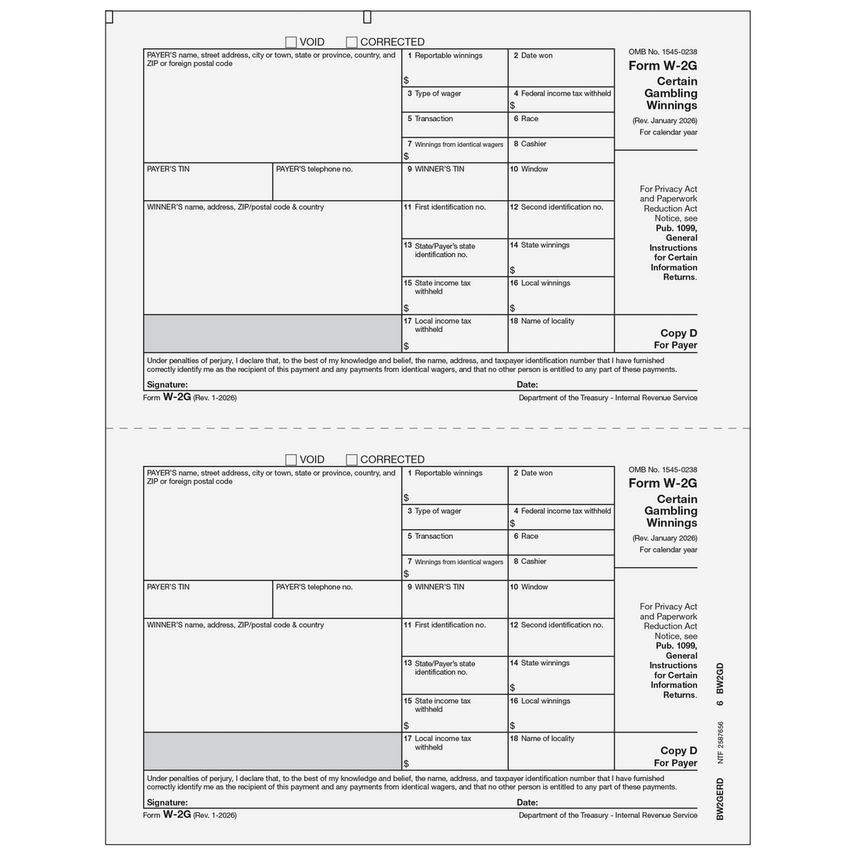 2026 W-2G Payer Record Copy D Forms