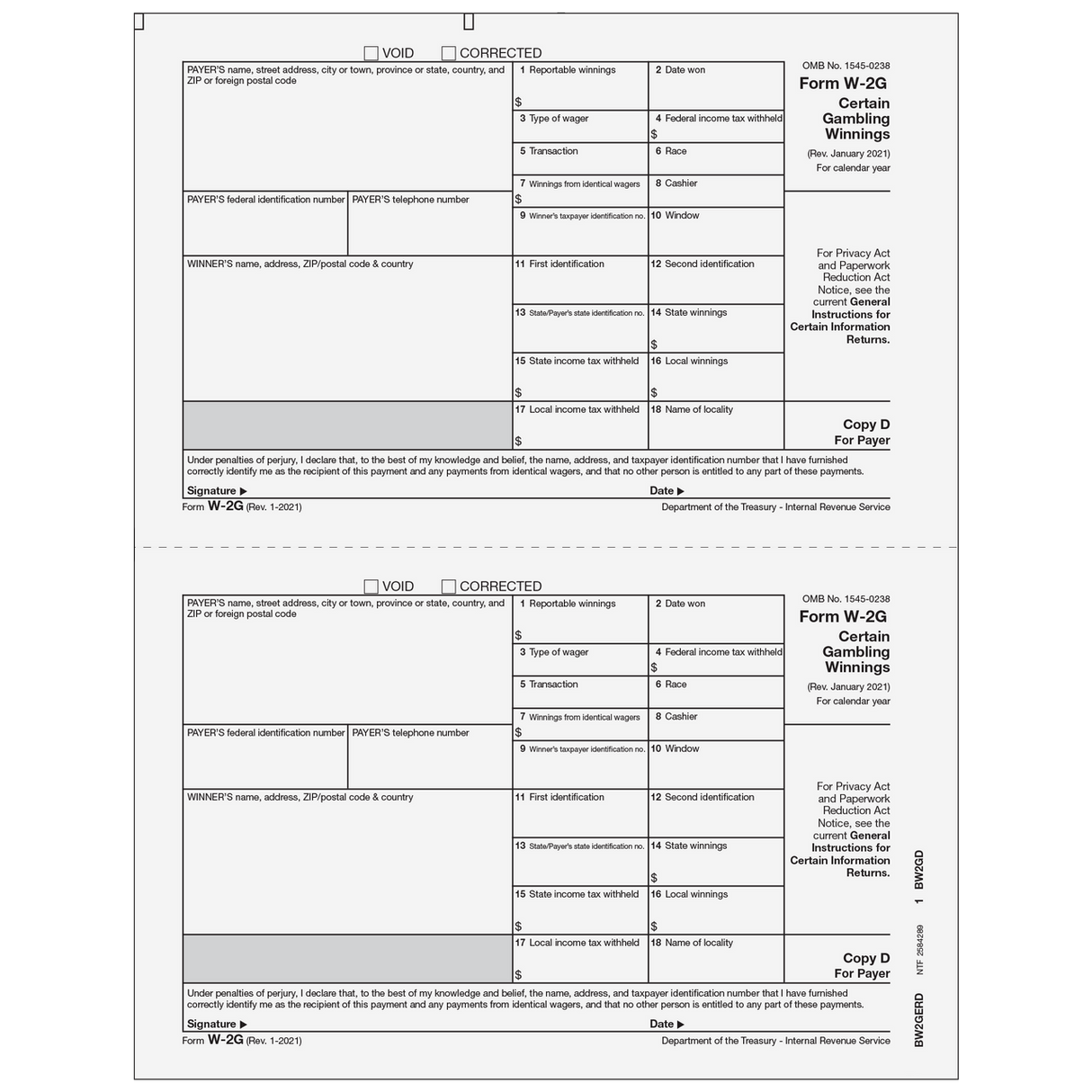 Form W-2G Certain Gambling Winnings, Payer Copy D - 25 Qty